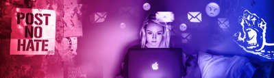 En ung kvinne som ser på en laptop mens e-postikoner og sinte emoji-symboler flyter rundt henne i et mørkt rom. Til høyre er en illustrasjon av en aggressiv knyttneve og en person i maske som holder et tastatur. Bildet har en blå-lilla-rosa fargepalett som understreker et alvorlig og emosjonelt tema.