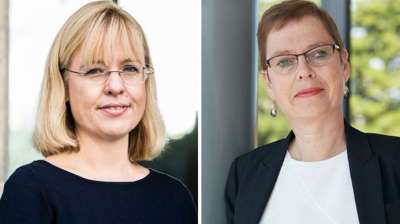 Barn, medium og språk: Åse Wetås (t.v.) i Språkrådet) og Mari Velsand i Medietilsynet meiner barn og unge bør få tilgang til norsk innhald - også digitalt. Foto Språkrådet/Medietilsynet