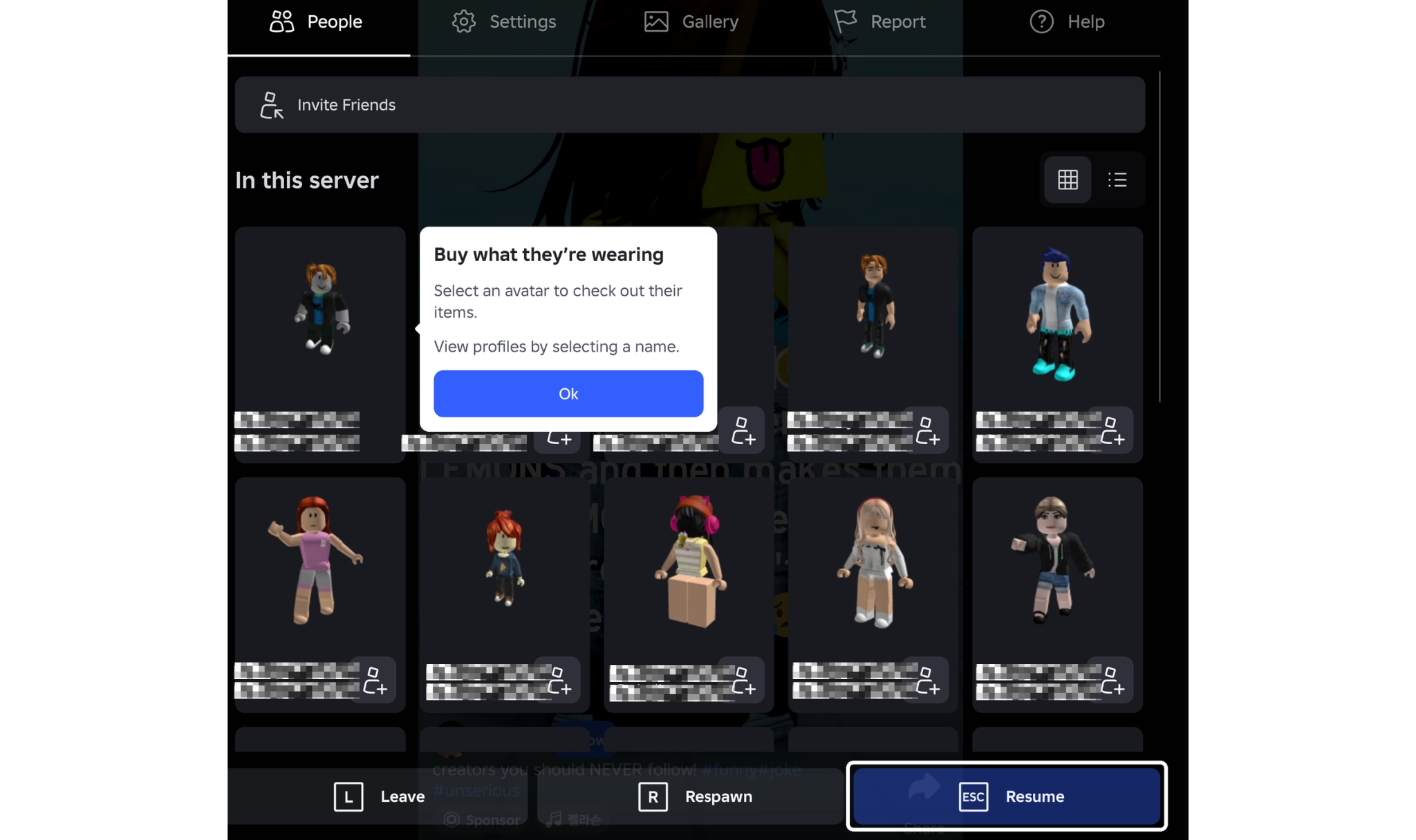 Roblox-meny som viser spillere i serveren og en funksjon for &aring; se eller kj&oslash;pe kl&aelig;rne avatarene bruker.