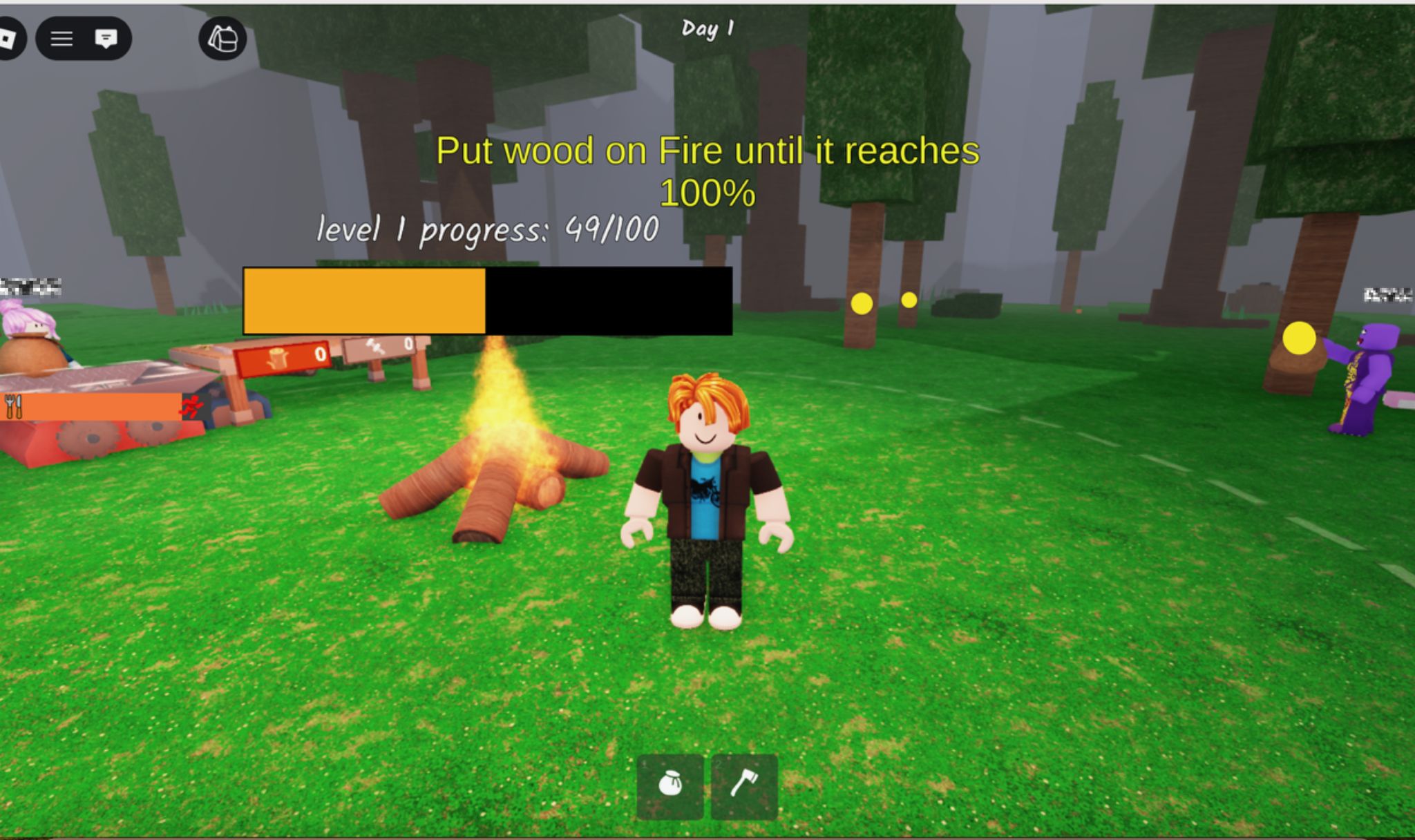 Skjermbilde fra et Roblox-spill der spilleren skal brenne ved og fylle en fremdriftsm&aring;ler til 100 prosent