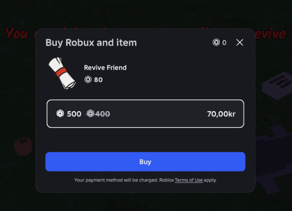 Kj&oslash;psvindu i Roblox som tilbyr Robux for &aring; kj&oslash;pe gjenstanden &laquo;Revive Friend&raquo; til 80 Robux.