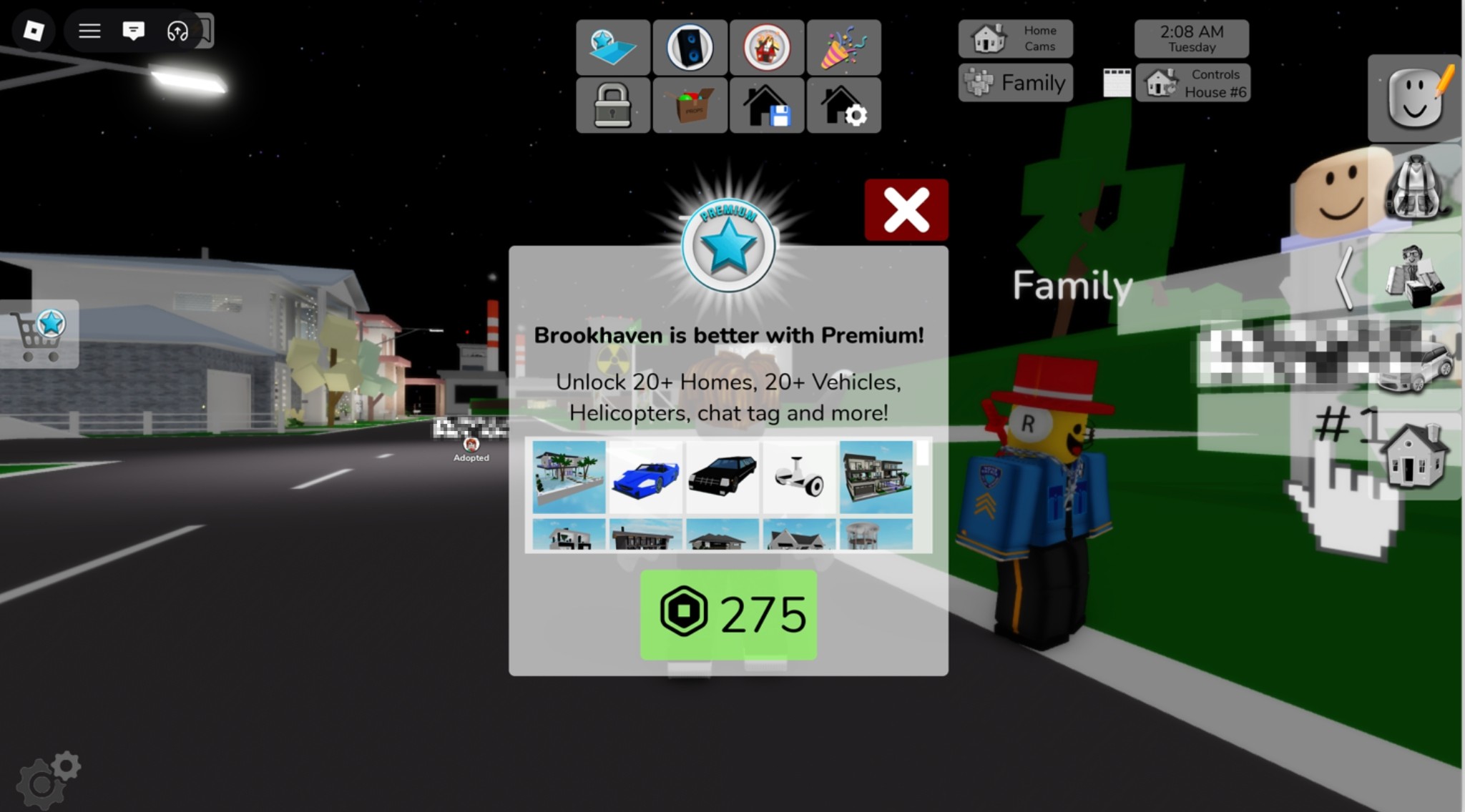 Skjermbilde fra Brookhaven i Roblox med tilbud om Premium-medlemskap for 275 Robux.