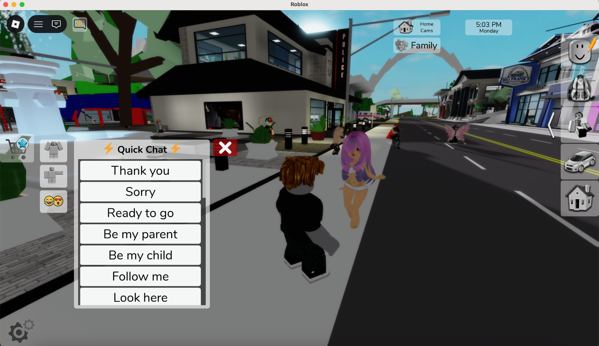 Skjermbilde fra Brookhaven i Roblox der en spiller bruker hurtigchat med ferdige meldinger som &laquo;Thank you&raquo;, &laquo;Sorry&raquo; og &laquo;Follow me&raquo;.