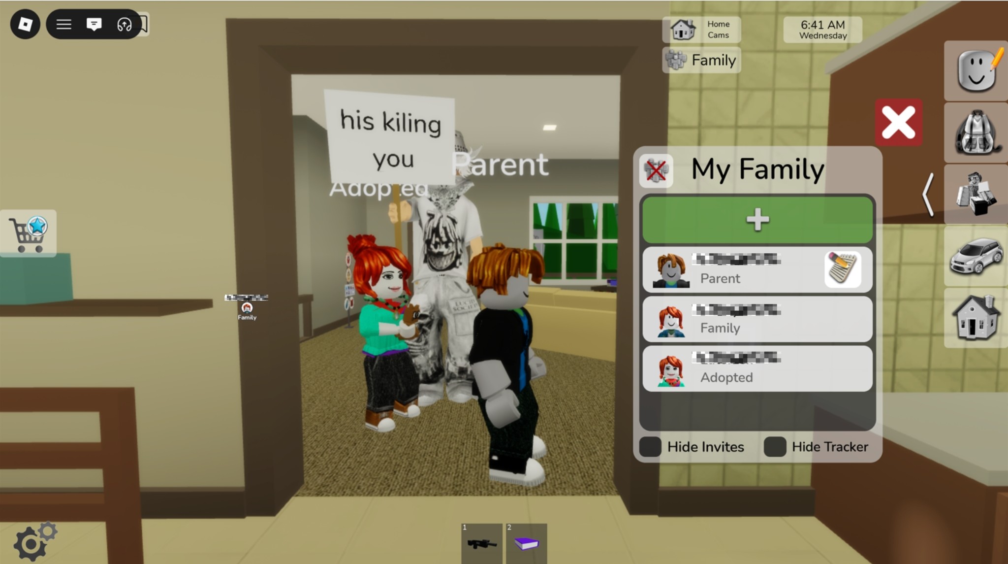 Skjermbilde fra Brookhaven i Roblox som viser familieoversikt og rollene parent, family og adopted.