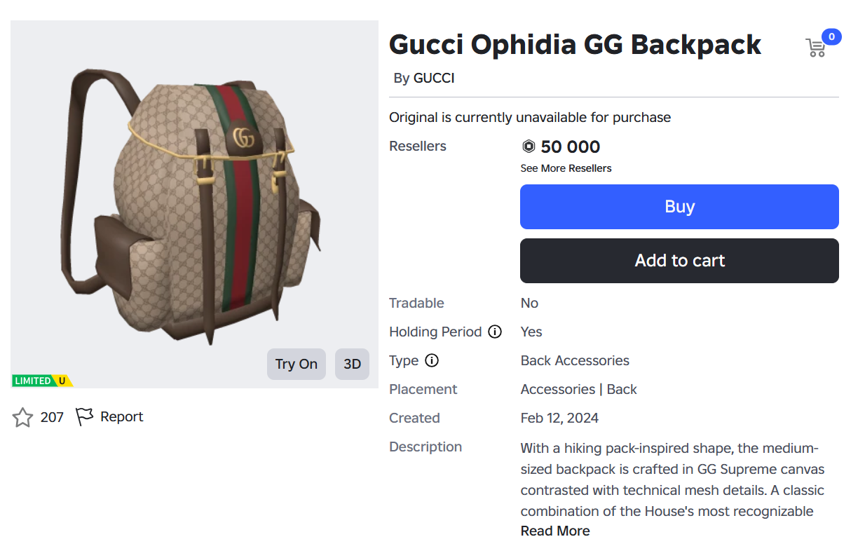 Produktside i Roblox for en Gucci-ryggsekk til avatar, solgt av videreselgere for 50 000 Robux.