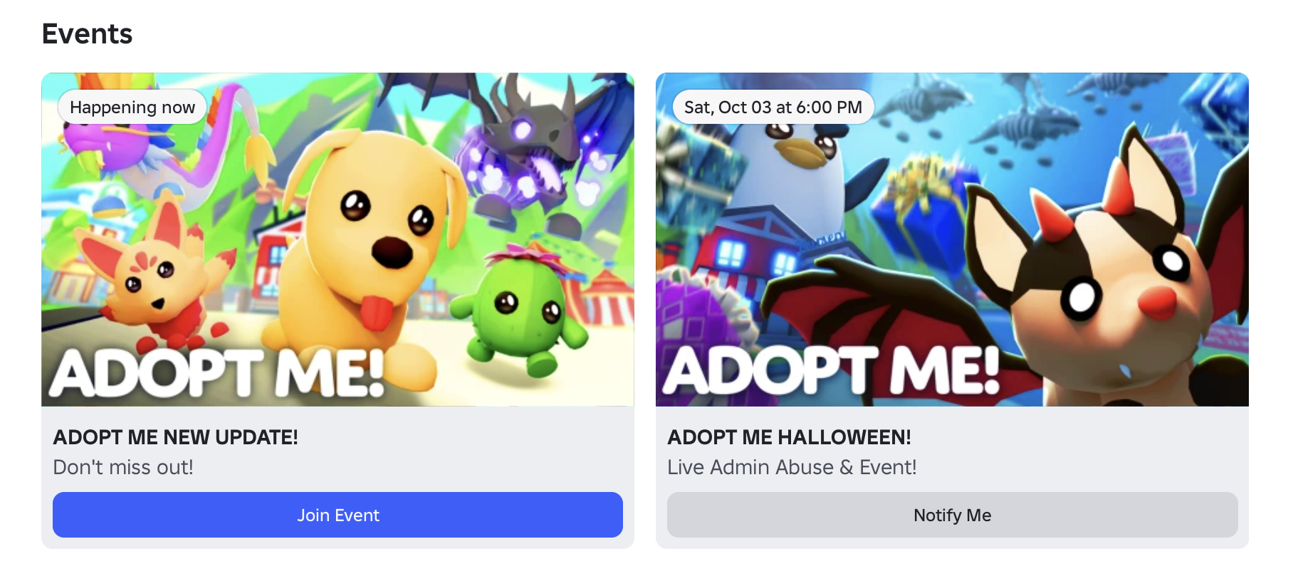 Roblox-side med hendelser i spillet Adopt Me, inkludert p&aring;g&aring;ende og kommende arrangementer.