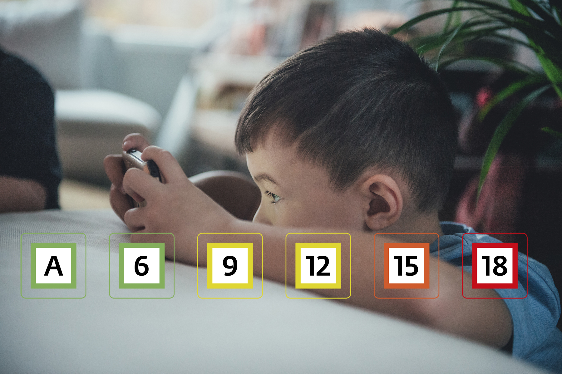 Gutt ser på mobilen. Foran er illustrasjon av de eksisterende aldersgrensene i Norge: Tillatt for alle, 6 år, 9 år, 12 år, 15 år og 18 år. Foto Medietilsynet