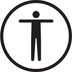 Ikon som viser en stilisert menneskefigur med utstrakte armer innenfor en sirkel, som symboliserer universell tilgjengelighet.