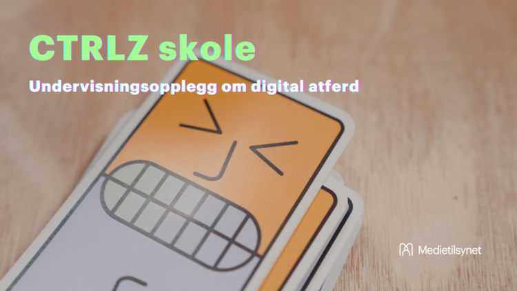 Et spillkort fra brettspillet Toxic med teksten "CTRLZ Skole – et undervisningsopplegg om digital atferd" liggende over bildet