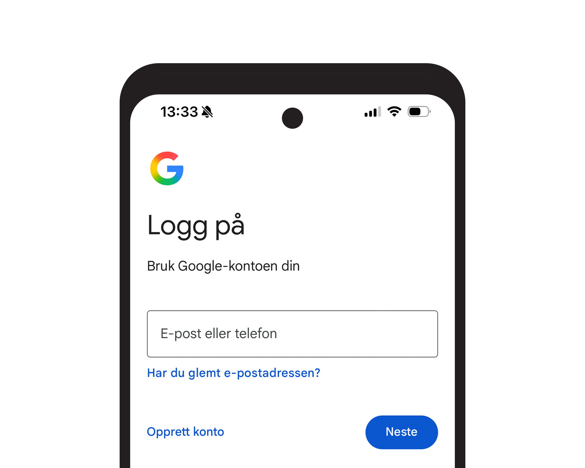 Mobilskjerm med Googles innloggingsside, der brukeren kan skrive inn e-postadresse eller telefonnummer og gå videre.