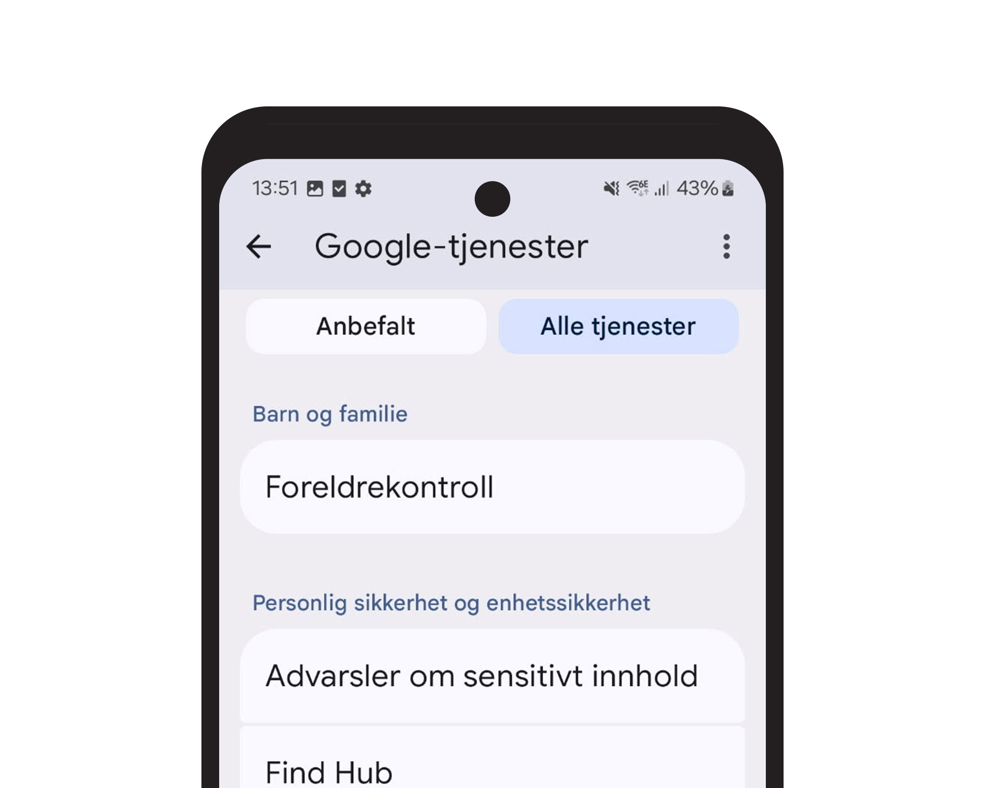 Mobilskjerm med oversikten «Google-tjenester». Under «Barn og familie» vises valget «Foreldrekontroll».