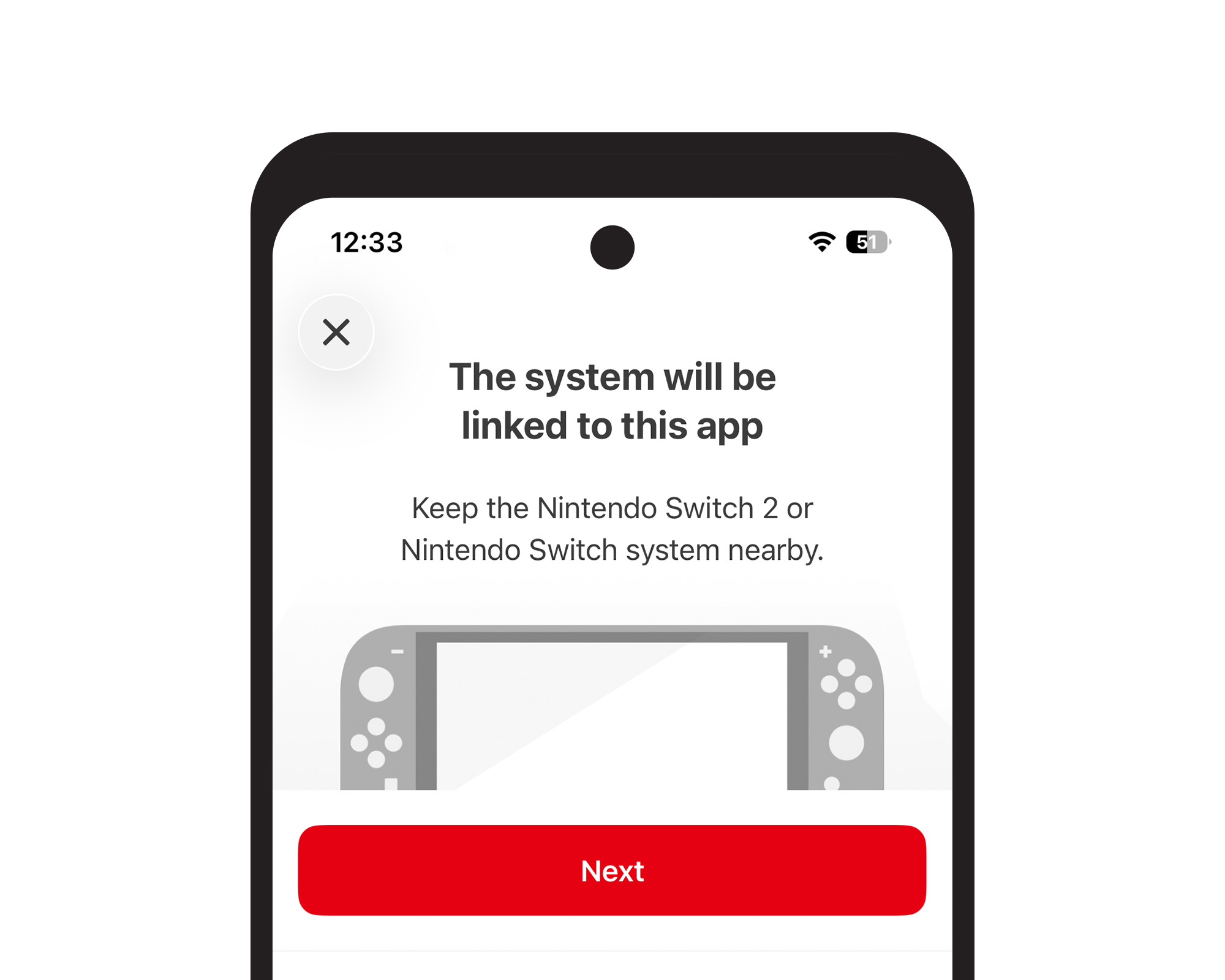 Mobilskjerm fra Nintendos foreldrekontroll som forklarer at Nintendo Switch eller Nintendo Switch 2 skal kobles til appen og må være i nærheten. Nederst vises knappen «Next».