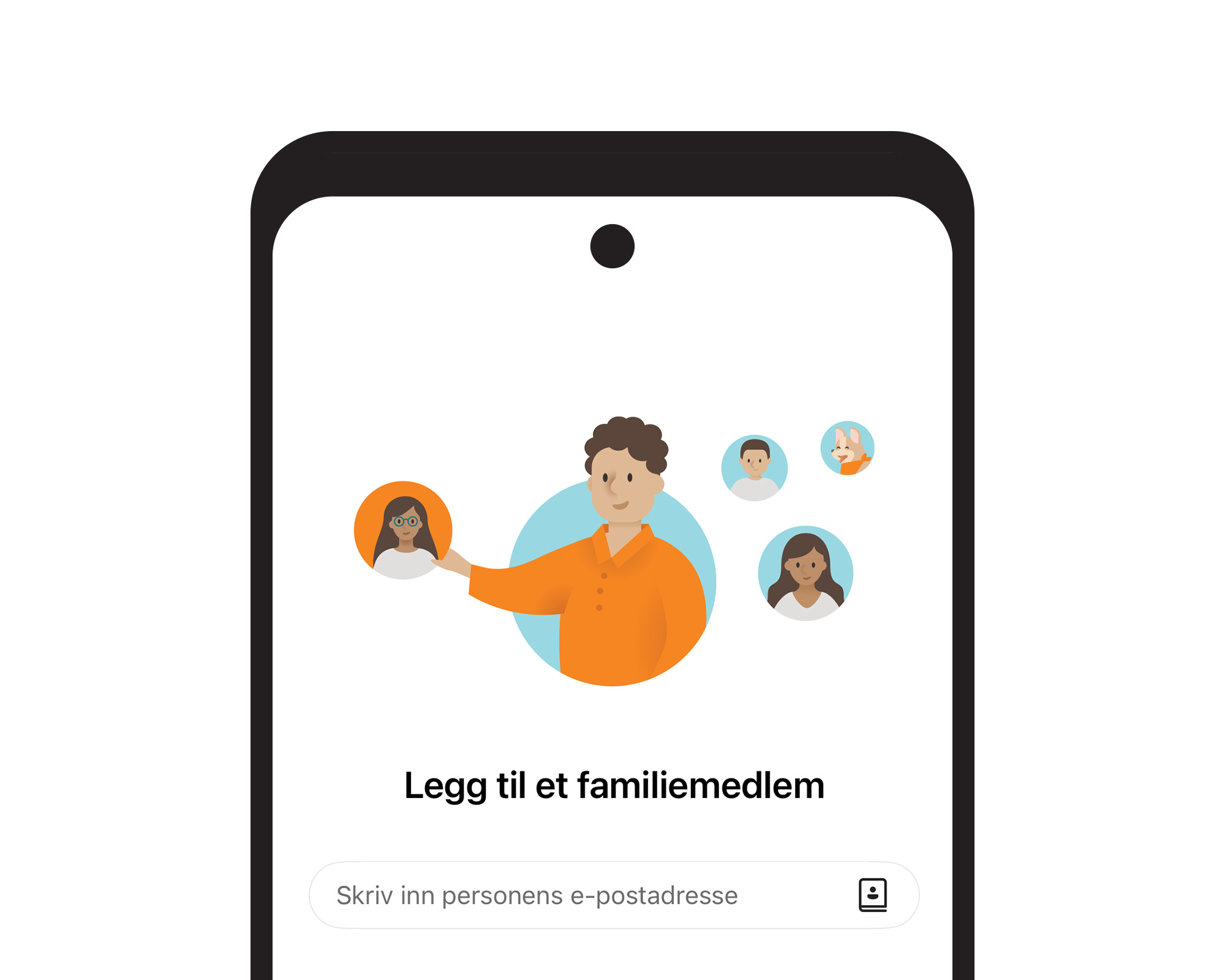 Mobilskjerm fra Microsoft Family Safety med valget «Legg til et familiemedlem». En e-postadresse kan skrives inn for å invitere personen til familiegruppen.