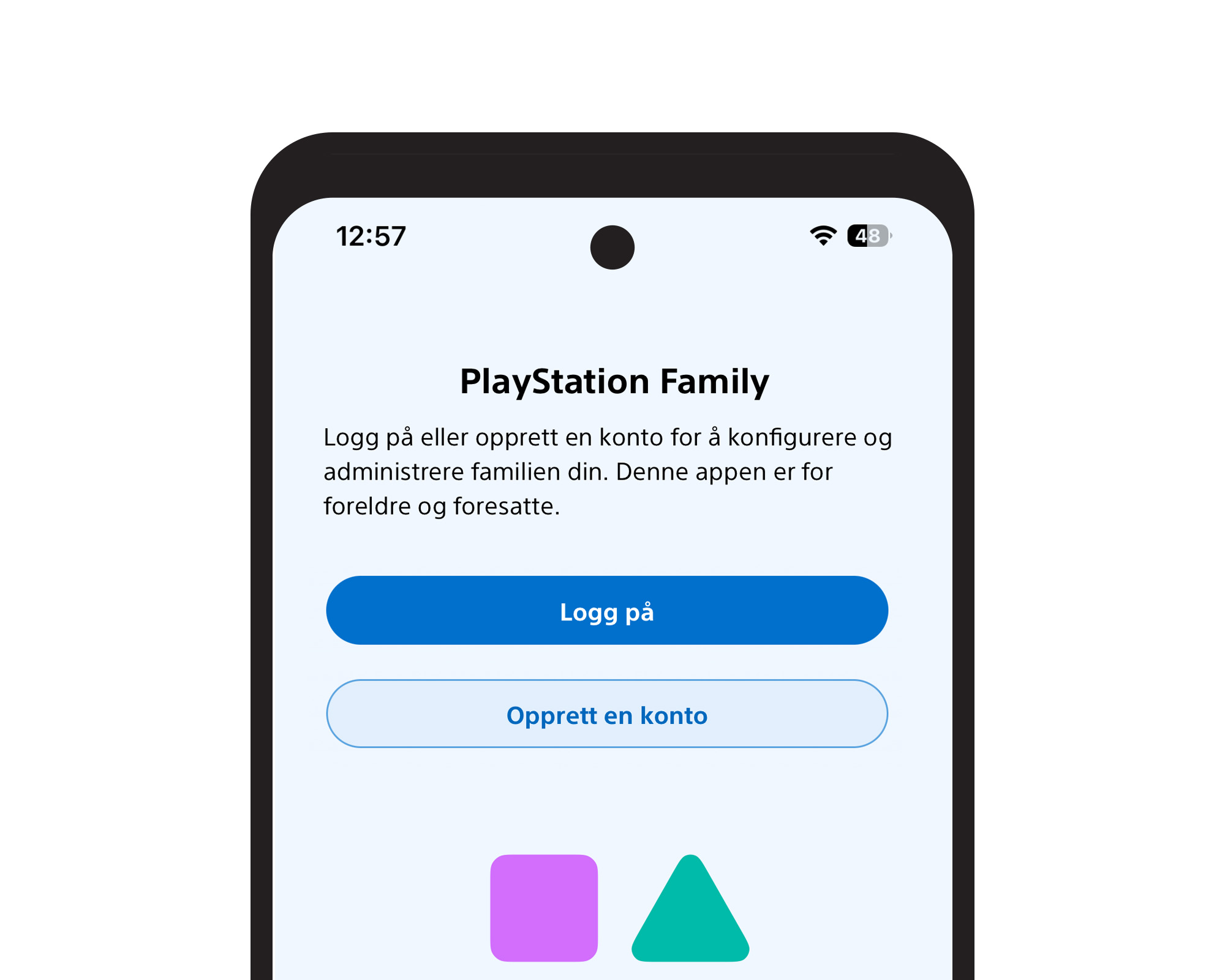 Mobilskjerm fra PlayStation Family som ber brukeren logge inn eller opprette en konto for å konfigurere og administrere familien.