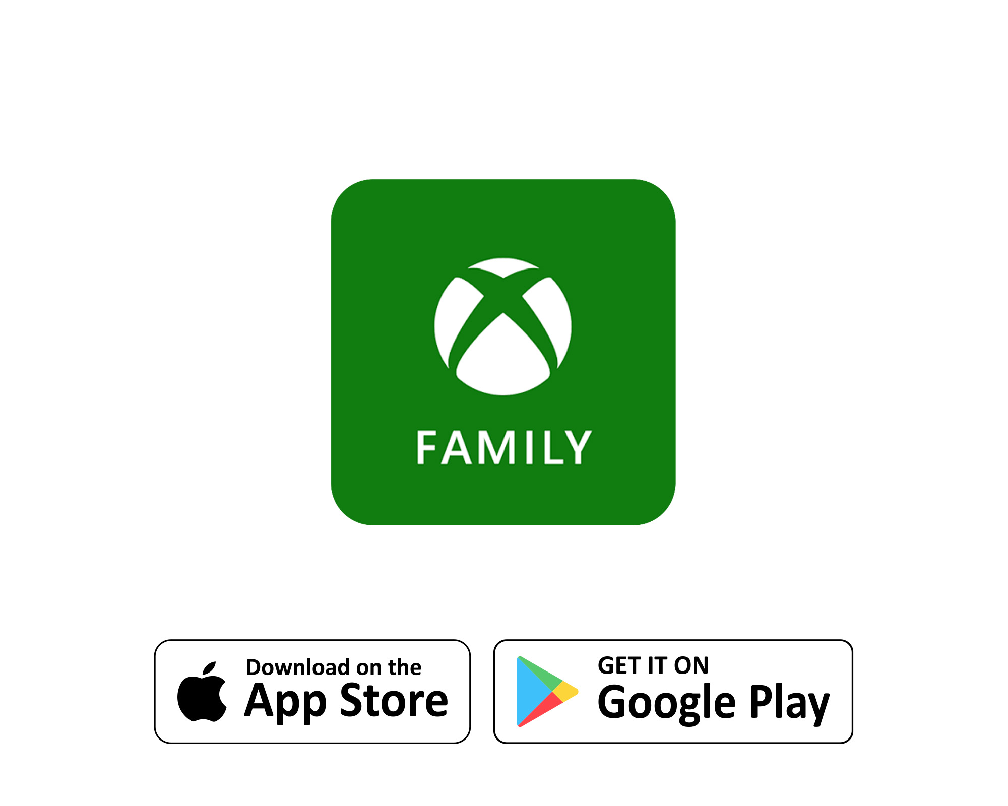 Xbox Family-logo på grønn bakgrunn, med knapper for nedlasting fra App Store og Google Play.