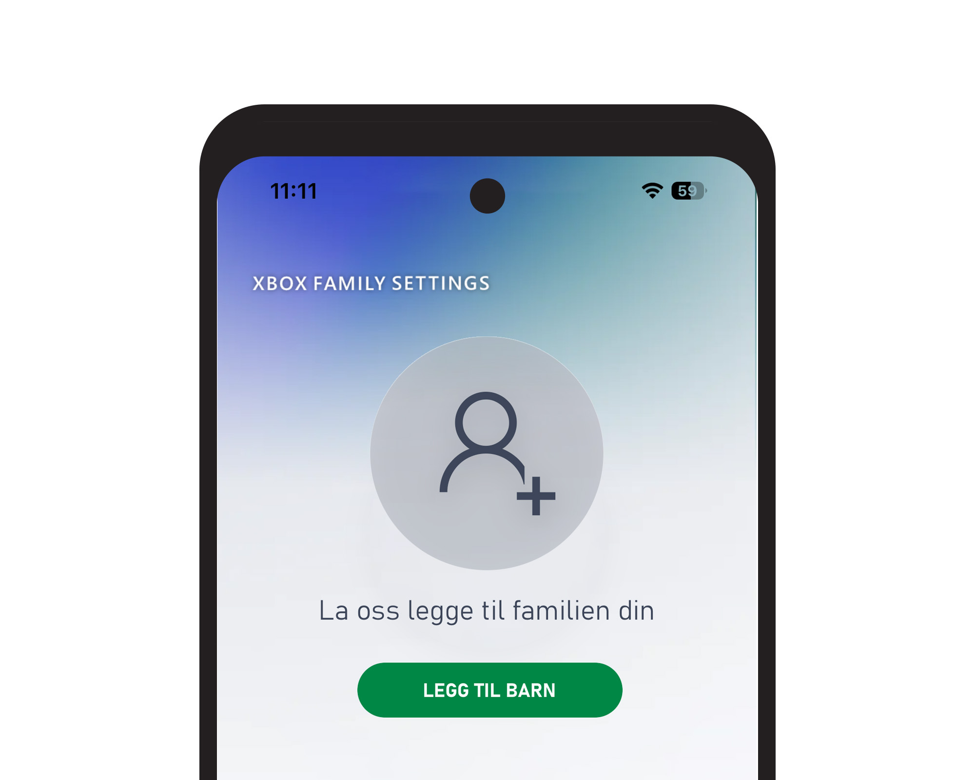 Mobilskjerm fra Xbox Family Settings med teksten «La oss legge til familien din» og en knapp for å legge til et barn.
